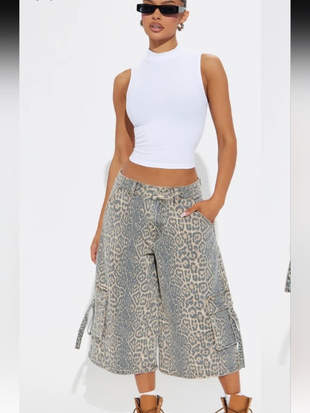 Fashion Nova Beige and Black Leopard Print Cargo denim Jorts